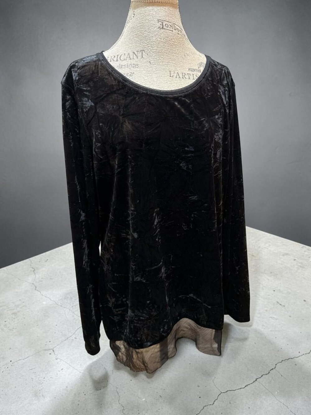 Simply Vera Vera Wang Sz XL Black Crushed Velvet/Velour Tunic Top w Organza Trim